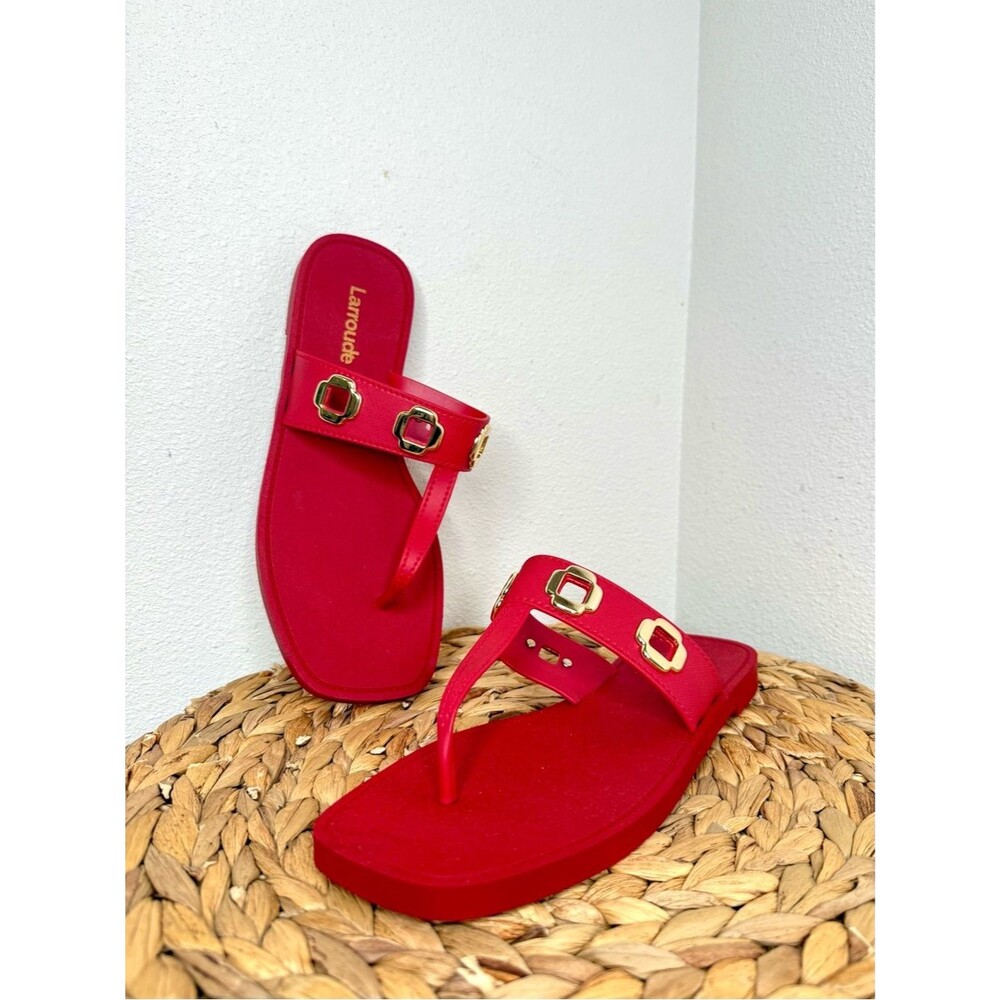 NWT Larroude’ Milan Jelly Grommet Thong Red Sandal Gold Buckle embellished Flat